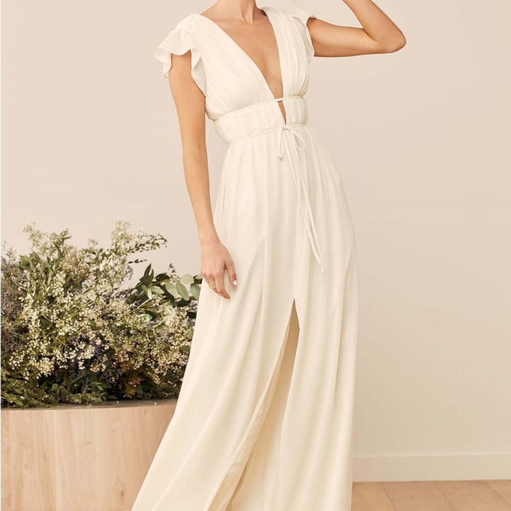 Lulu's Cream Flutter Sleeve Deep V Maxi Dress